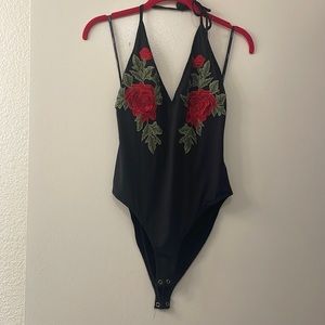 Forever 21 black halter bodysuit with rose embroidered